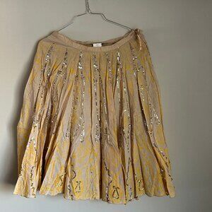 Vintage BEBE 100% Cotn flared Pleated skirt tan/yellow skirt gold sequin size XS